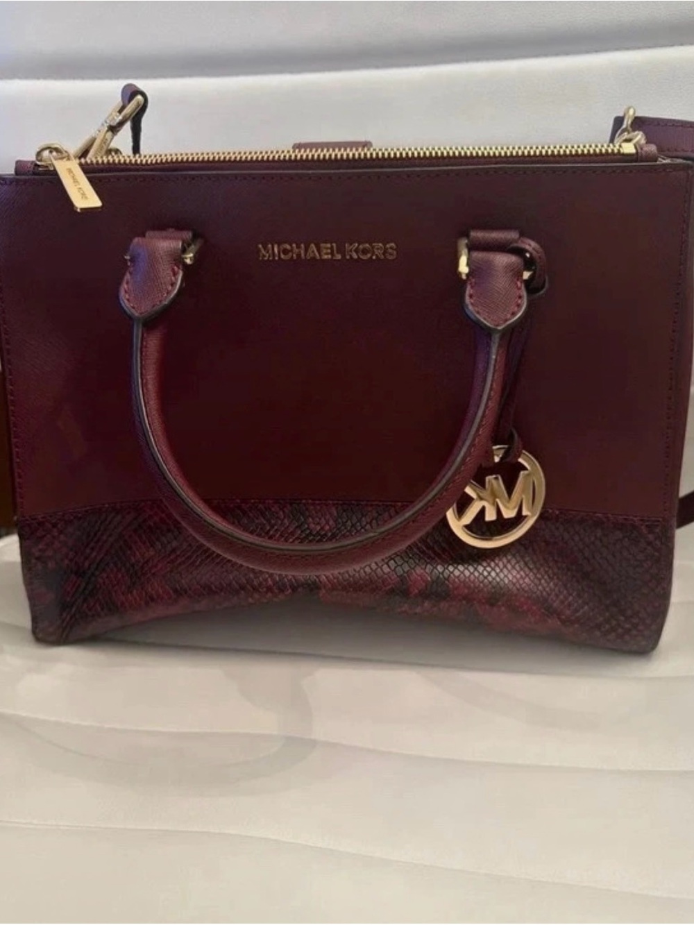 Michael Kors Wine Satchel with Gold MK Charm